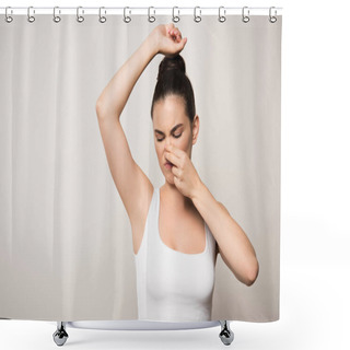 Personality  Displeased Woman Plugging Nose With Hand While Looking At Underarm Isolated On Grey Shower Curtains