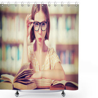 Personality  Funny Girl Student With Glasses Reading Books Shower Curtains