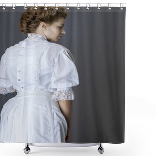 Personality  A Edwardian Woman Wearing A White Lace Blouse And Skirt With A Long Pearl Necklace Against A Grey Studio Backdrop  Shower Curtains