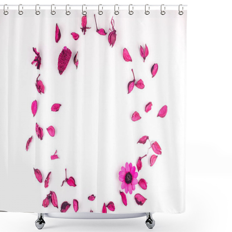 Personality  Flowers Composition. Dried Leaves, Pink Flowers, Petals, Buds On White Background, Flat Lay, Top View, Copy Space, Spring Or Summer Concept. Template Mockup Greeting Card With Place For Text,   Shower Curtains