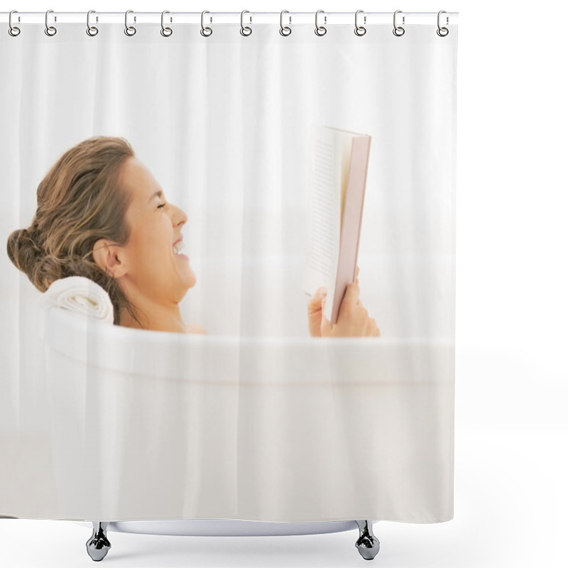Personality  Smiling young woman in bathtub reading book shower curtains