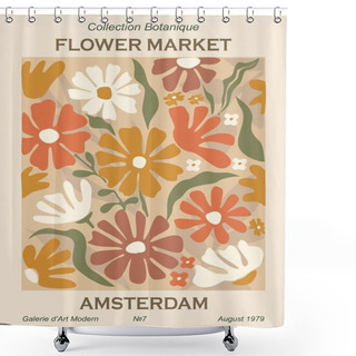 Personality  Abstract Poster - Flower Market Amsterdam. Trendy Botanical Wall Art With Floral Illustration In Hippie Style. Modern Naive Groovy Funky Interior Decoration, Painting. Colorful Flat Vector Design. Shower Curtains