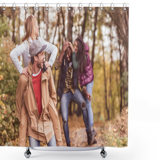 Personality  Happy Friends Having Fun In Forest Shower Curtains