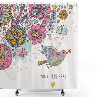 Personality  Colorful Vintage Background. Pastel Colored Floral Wallpaper With Bird And Butterflies. Cartoon Romantic Card In Vector Shower Curtains