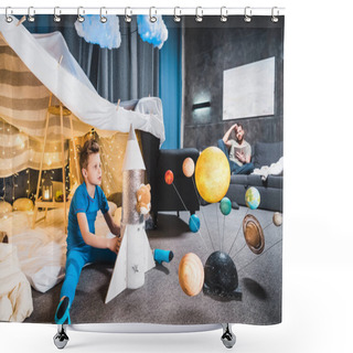 Personality  Boy Playing With Toy Rocket  Shower Curtains