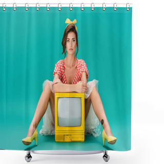 Personality  Young Pin Up Woman Looking At Camera While Sitting Near Bright Yellow Vintage Tv On Turquoise Shower Curtains