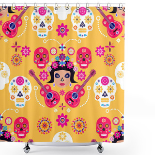Personality  Mexican Seamless Pattern, Catrina Calavera  Sugar Skulls And  Marigold Flowers. Template  For Mexican Celebration, Traditional Mexico Skeleton Decoration. Dia De Los Muertos, Day Of The Dead  Halloween Vector Illustration Shower Curtains