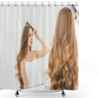 Personality  Beautiful Woman Brushing Hair With Comb In Bathroom Shower Curtains
