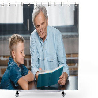 Personality  Grandfather And Grandson Reading Book  Shower Curtains