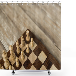 Personality  Cropped View Of Chess Board With White Chess Pieces On Rustic Wooden Surface Shower Curtains
