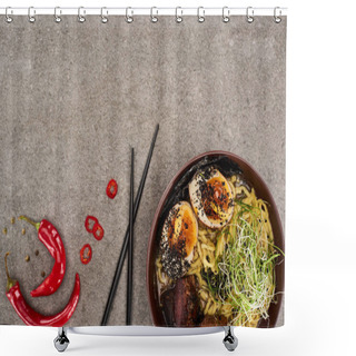 Personality  Top View Of Spicy Meat Ramen Near Chili Pepper And Chopsticks On Grey Concrete Surface Shower Curtains