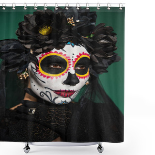 Personality  Woman In Black Wreath And Halloween Day Of Death Makeup Posing Isolated On Green  Shower Curtains
