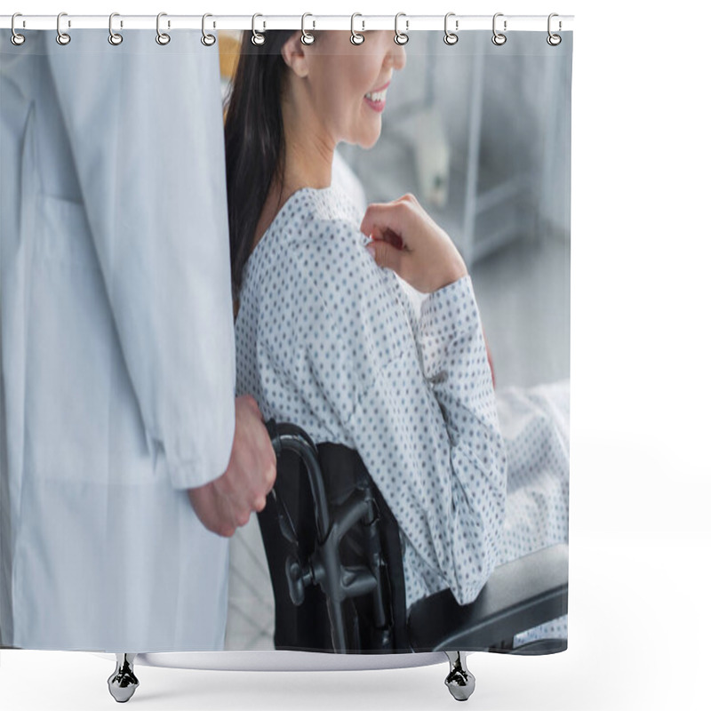 Personality  Cropped View Of Doctor In White Coat Standing Behind Smiling Disabled Woman In Wheelchair  Shower Curtains