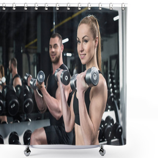 Personality  Young Couple Training With Dumbbells Together Shower Curtains