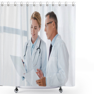 Personality  Cheerful Doctor Holding Paper Near Handsome Coworker In Glasses  Shower Curtains