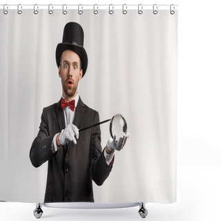 Personality  Surprised Magician Holding Wand And Magic Ball, Isolated On Grey Shower Curtains