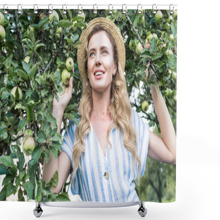 Personality  Beautiful Smiling Woman In Straw Hat Posing Near Apple Tree  Shower Curtains