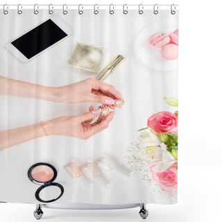 Personality  Woman Holding Earrings  Shower Curtains