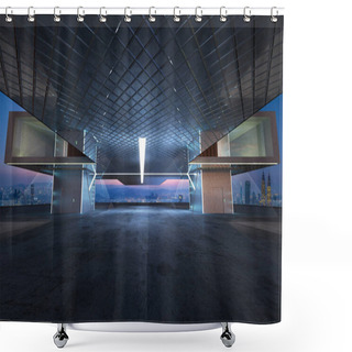 Personality  Perspective View Of Empty Cement Floor With Modern Steel And Glass Building Exterior . 3D Rendering And Real Images Mixed Media . Shower Curtains