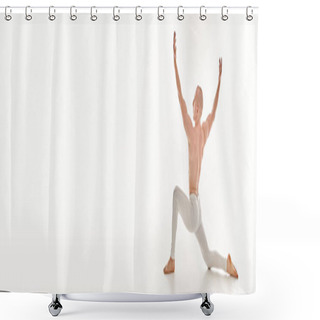 Personality  A Young Man Unleashes His Acrobatic Skills, Joyfully Dancing With Arms Raised In The Air Against A White Studio Backdrop. Shower Curtains