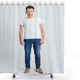 Personality  Serious Young Man Standing Against White Background  Shower Curtains