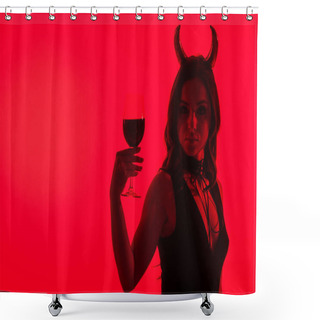 Personality  Silhouette Of Sexy Girl In Devil Costume Holding Glass Of Wine, Isolated On Red Shower Curtains