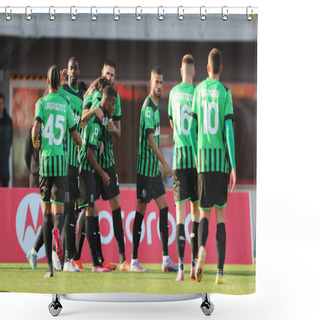 Personality  Gian Marco Ferrari Of US Sassuolo Calcio Celebrates After Scoring A Goal With His Team Mates During The Serie A Match Between AC Monza And US Sassuolo Calcio At Stadio Brianteo On January 22, 2023 In Monza, Italy. - Credit: Luca Amedeo Bizzarri/LiveM Shower Curtains