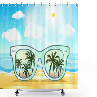 Personality  White Sunglasses Reflection Sunset At Palm Tree Landscape Scene In Light Blue Studio, Summer Time Concept, Leave Space For Adding Your Content Or Text Vector Shower Curtains