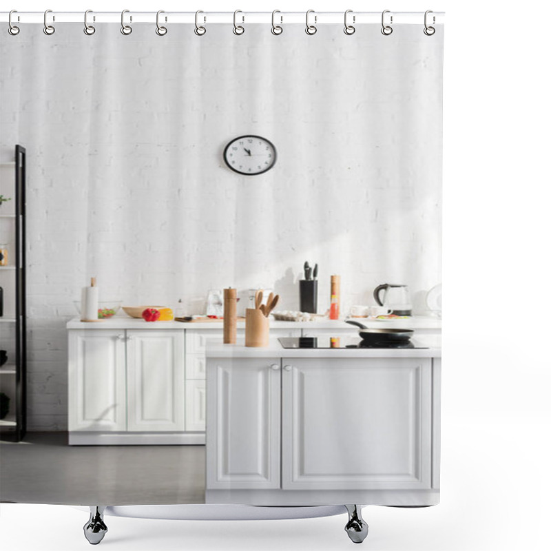 Personality  Kitchen Minimalistic Interior With Cooking Supplies And Devices  Shower Curtains