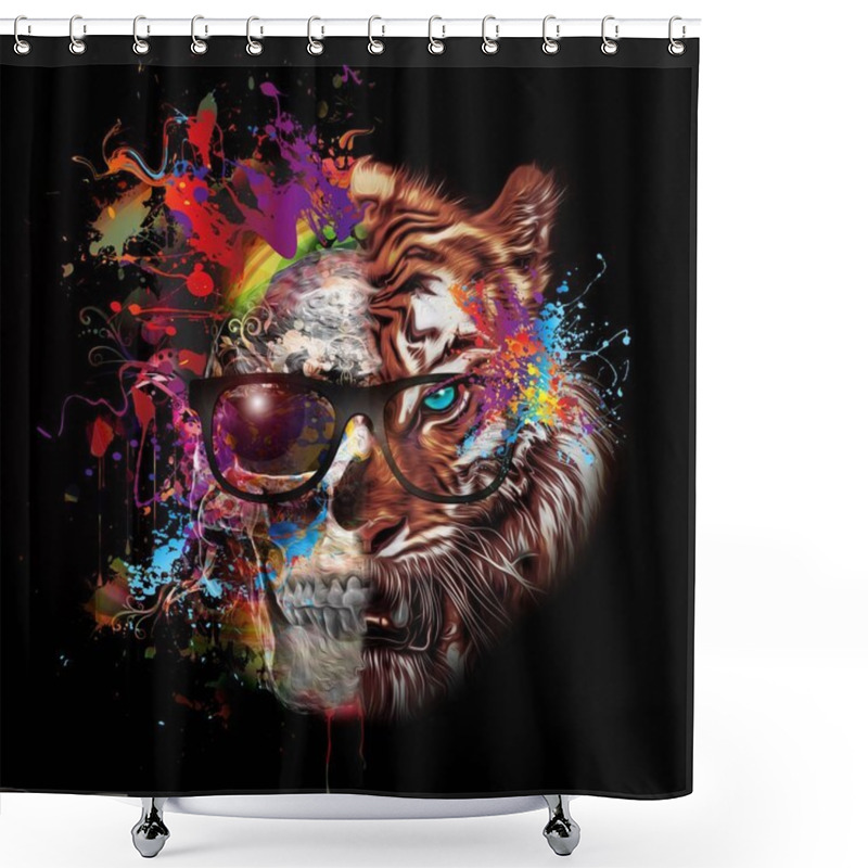 Personality  Skull and tiger in glasses on colored background shower curtains