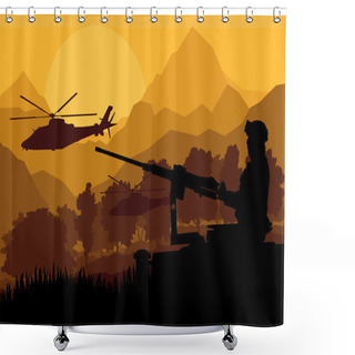 Personality  Army Soldier With Helicopters, Guns And Transportation In Wild D Shower Curtains