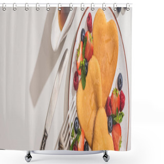 Personality  Top View Of Delicious Heart Shaped Pancakes With Berries Near Maple Syrup And Cutlery On White Background, Panoramic Shot Shower Curtains