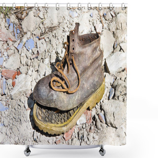 Personality  Old Broken Boot Abandoned In A Rubble Background Shower Curtains