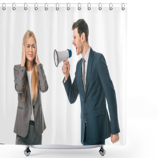 Personality  Emotional Businessman Yelling Into Megaphone At Frightened Businesswoman Isolated On White Shower Curtains