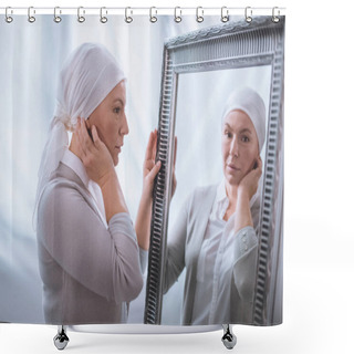 Personality  Serious Sick Mature Woman In Kerchief Looking At Mirror, Cancer Concept Shower Curtains
