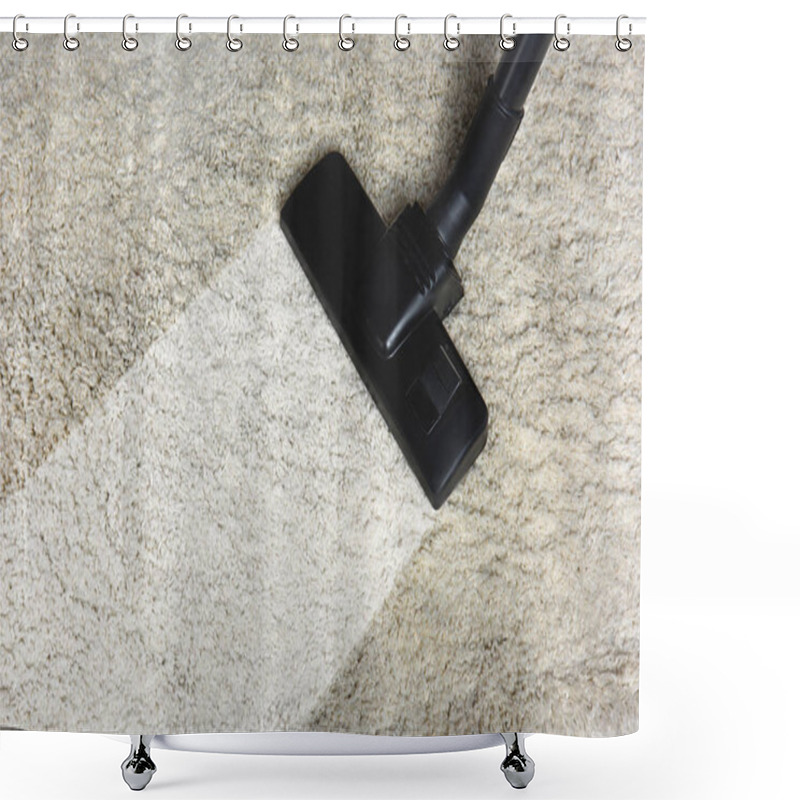Personality  close-up view of cleaning white carpet with professional vacuum cleaner  shower curtains