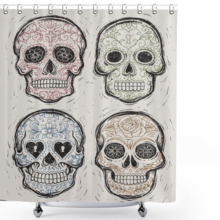 Personality  Woodcut Day Of The Dead Sugar Skull Vector Set Shower Curtains
