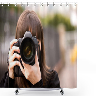 Personality  Woman Taking A Photo Shower Curtains