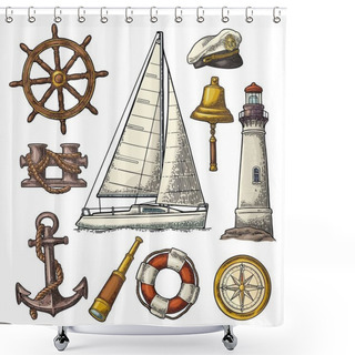Personality  Anchor, Wheel, Sailing Ship, Compass Rose, Spyglass, Lighthouse Engraving Shower Curtains