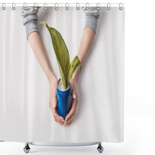 Personality  Cropped Shot Of Woman Holding Can With Green Leaves Inside Isolated On Grey, Reuse And Environment Concept Shower Curtains