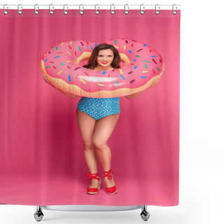 Personality  Young Size Plus Woman In Swimwear Holding Inflatable Ring And Smiling At Camera Isolated On Pink  Shower Curtains