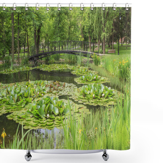 Personality  Footbridge Over A Pond In City Park Shower Curtains