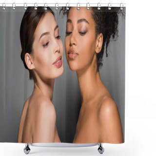 Personality  Portrait Of Beautiful Tender Multiracial Girls, On Grey Shower Curtains
