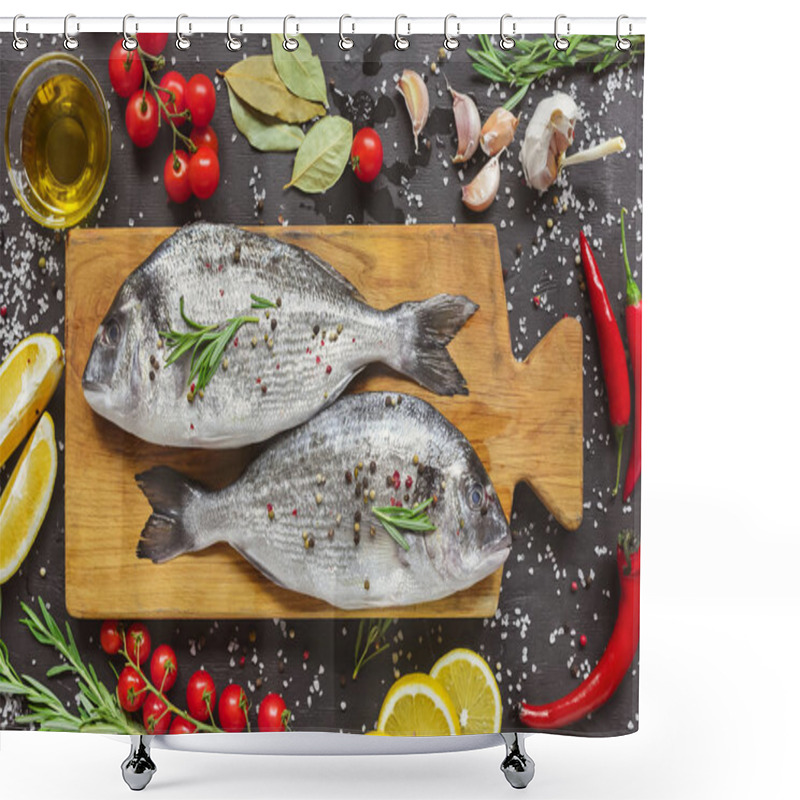 Personality  view from above of food composition with raw fish and ingredients on black table shower curtains