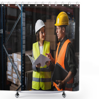 Personality  Two Warehouse Workers Discussing Logistics, Happy Middle Aged Man Pointing At Folder Near Woman Shower Curtains