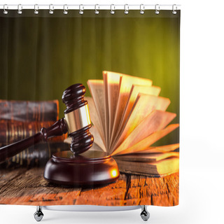 Personality  Wooden Gavel And Books On Wooden Table Shower Curtains