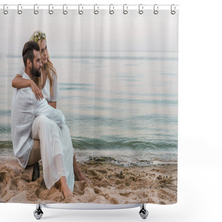 Personality  Elegant Groom And Bride Sitting On Log On Beach And Looking Away Shower Curtains