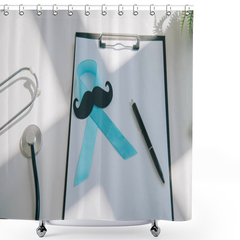 Personality  Blue Awareness Ribbon, Paper Cut Mustache And Pen On Clipboard With Blank Paper Near Stethoscope Shower Curtains