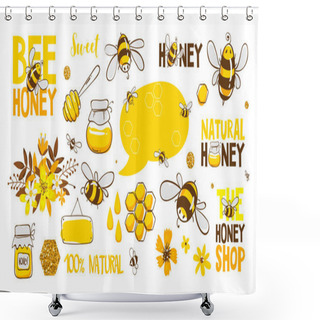 Personality  Set Of Bee, Honey, Lettering And Other Beekeeping Illustration. Vector EPS10. Shower Curtains
