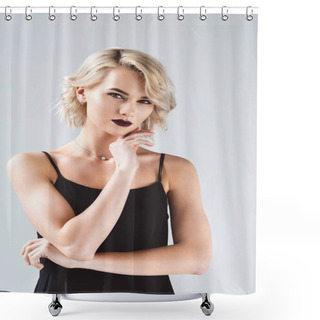 Personality  Blonde Elegant Girl In Black Dress, Isolated On Grey  Shower Curtains